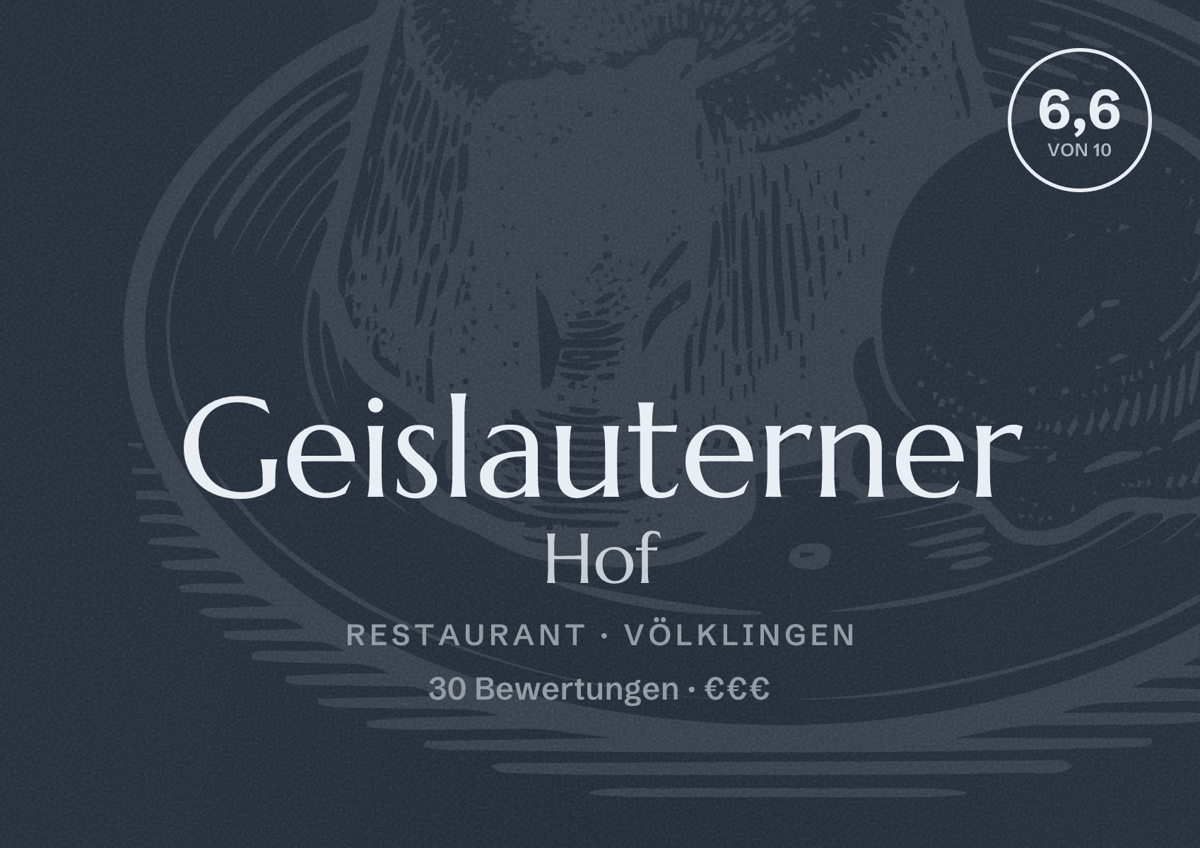 Illustriertes Poster von Geislauterner Hof, Restaurant in Völklingen: Bewertung 6,6 von 10 aus 30 Bewertungen, Preisniveau €€€