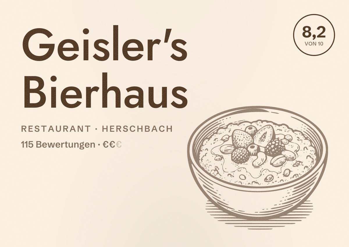 Illustriertes Poster von Geisler's Bierhaus, Restaurant in Herschbach: Bewertung 8,2 von 10 aus 115 Bewertungen, Preisniveau €€