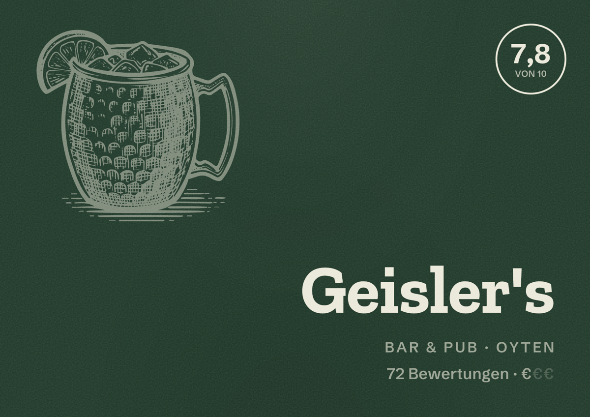 Illustriertes Poster von Geisler's, Bar & Pub in Oyten: Bewertung 7,8 von 10 aus 72 Bewertungen, Preisniveau €