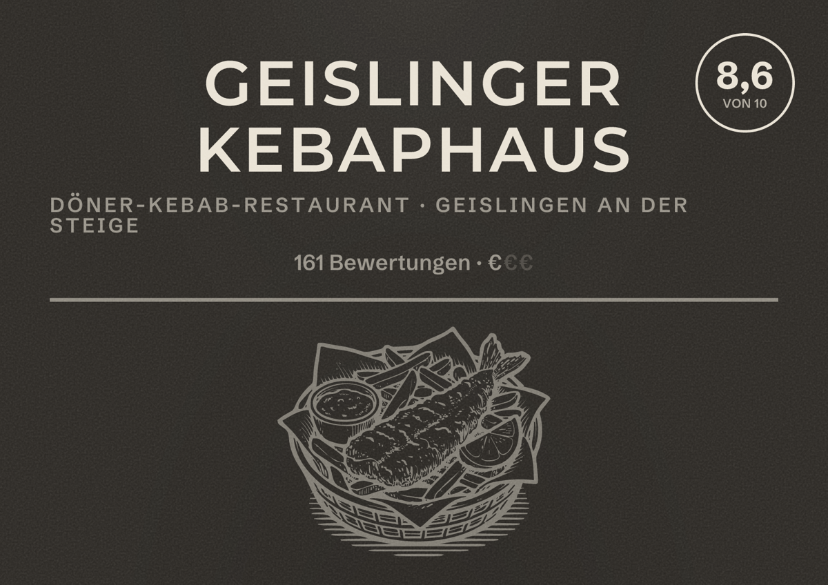Illustriertes Poster von Geislinger Kebaphaus, Döner-Kebab-Restaurant in Geislingen an der Steige: Bewertung 8,6 von 10 aus 161 Bewertungen, Preisniveau €