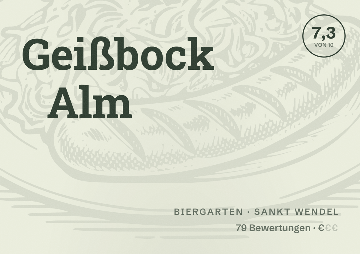Illustriertes Poster von Geißbock Alm, Biergarten in Sankt Wendel: Bewertung 7,3 von 10 aus 79 Bewertungen, Preisniveau €