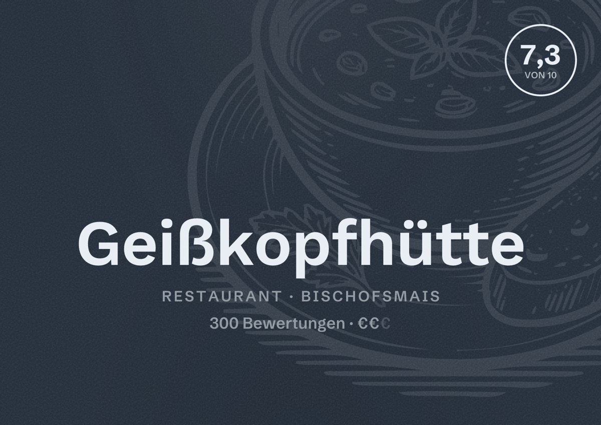 Illustriertes Poster von Geißkopfhütte, Restaurant in Bischofsmais: Bewertung 7,3 von 10 aus 300 Bewertungen, Preisniveau €€