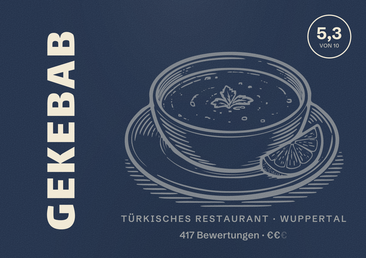 Illustriertes Poster von Gekebab, Türkisches Restaurant in Wuppertal: Bewertung 5,3 von 10 aus 417 Bewertungen, Preisniveau €€