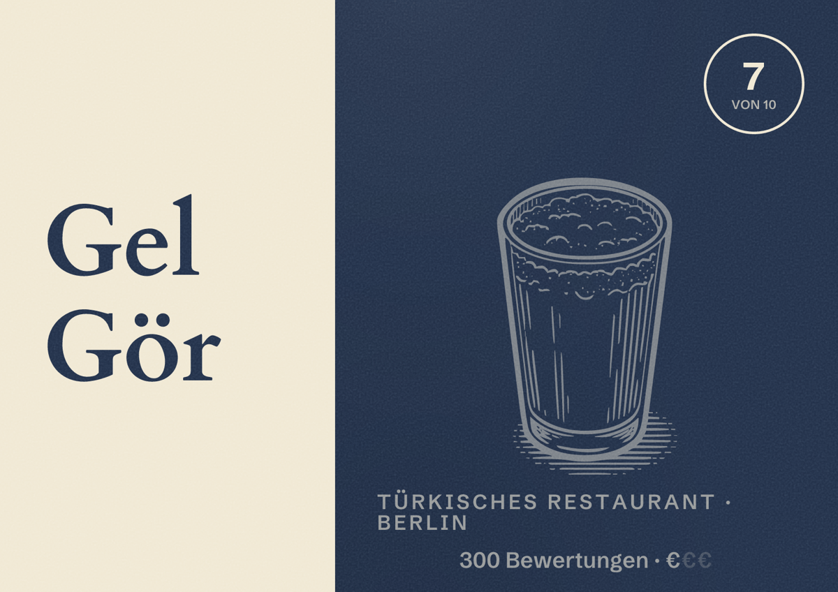Illustriertes Poster von Gel Gör, Türkisches Restaurant in Berlin: Bewertung 7,0 von 10 aus 300 Bewertungen, Preisniveau €