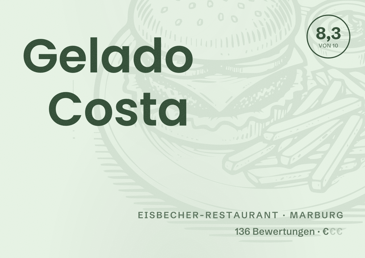 Illustriertes Poster von Gelado Costa, Eisbecher-Restaurant in Marburg: Bewertung 8,3 von 10 aus 136 Bewertungen, Preisniveau €