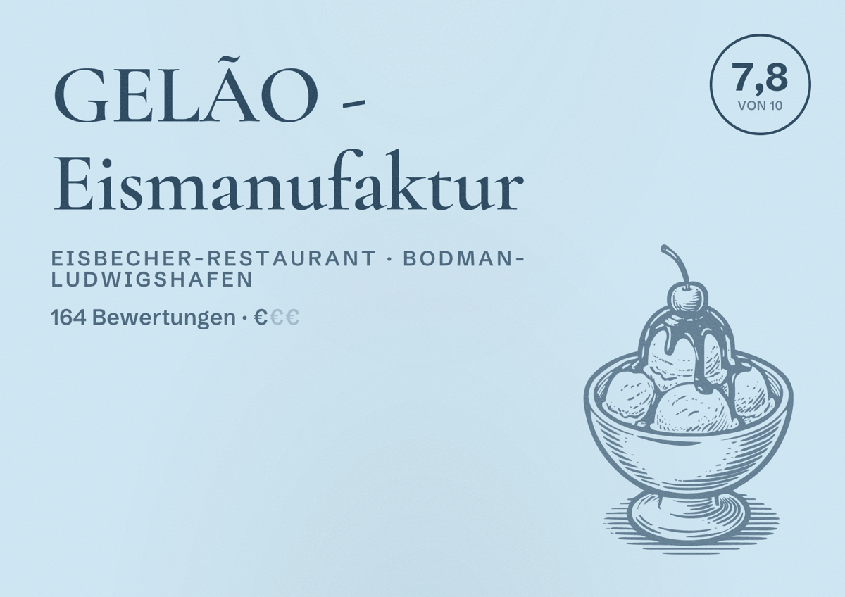 Illustriertes Poster von GELÃO - Eismanufaktur, Eisbecher-Restaurant in Bodman-Ludwigshafen: Bewertung 7,8 von 10 aus 164 Bewertungen, Preisniveau €