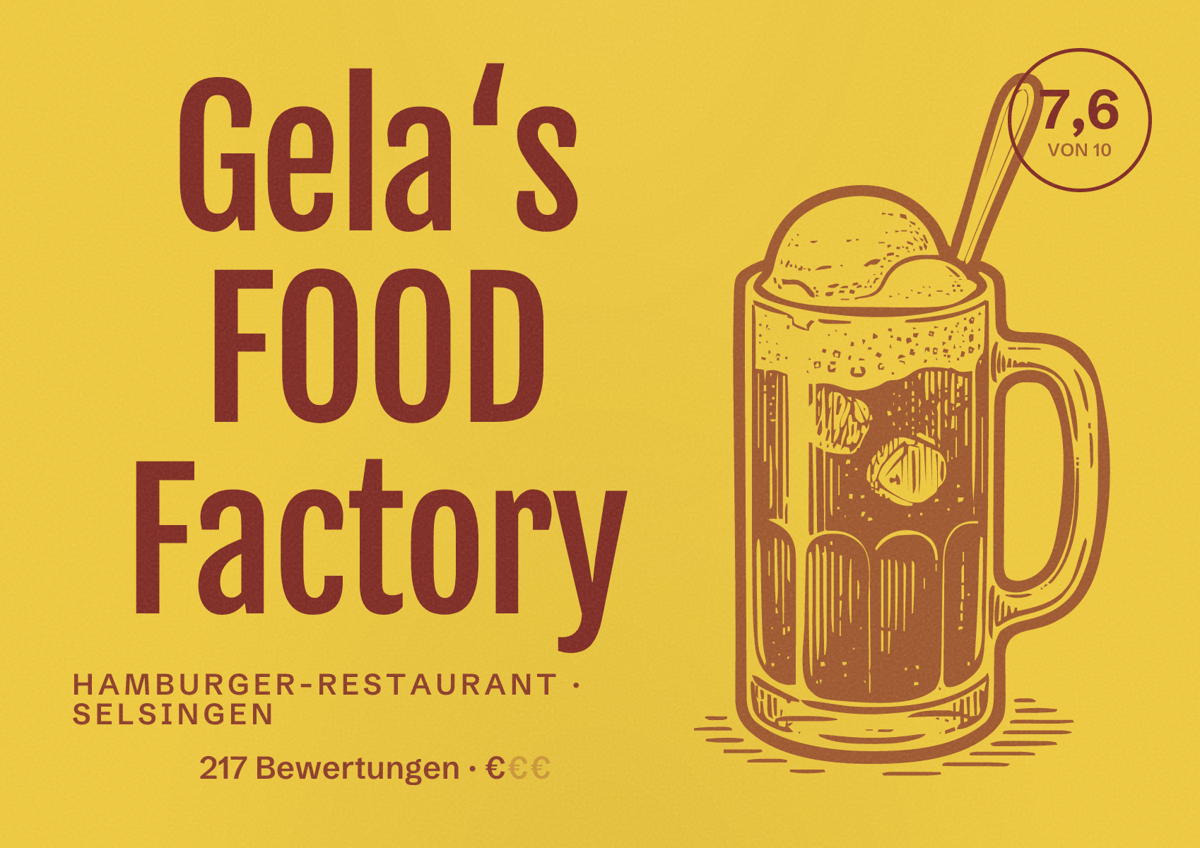 Illustriertes Poster von Gela‘s FOOD Factory, Hamburger-Restaurant in Selsingen: Bewertung 7,6 von 10 aus 217 Bewertungen, Preisniveau €