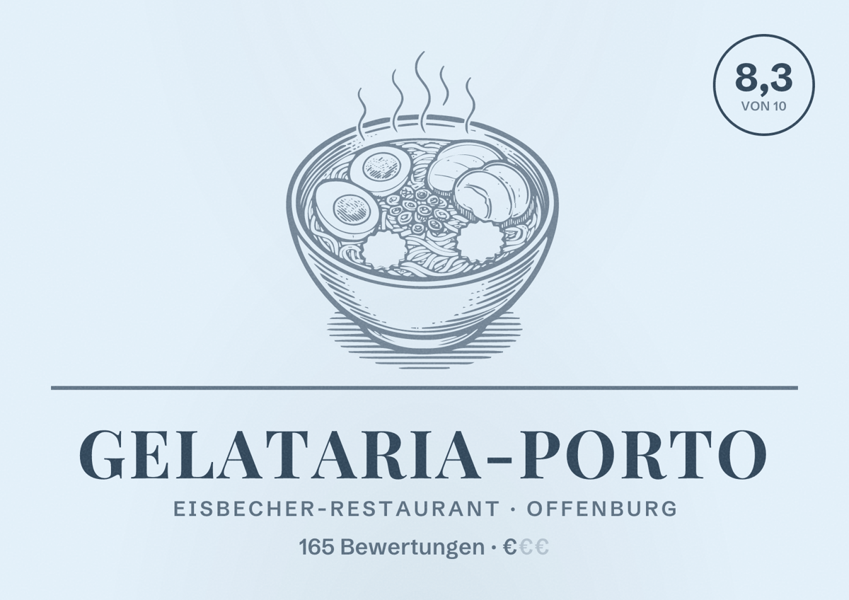 Illustriertes Poster von Gelataria-Porto, Eisbecher-Restaurant in Offenburg: Bewertung 8,3 von 10 aus 165 Bewertungen, Preisniveau €