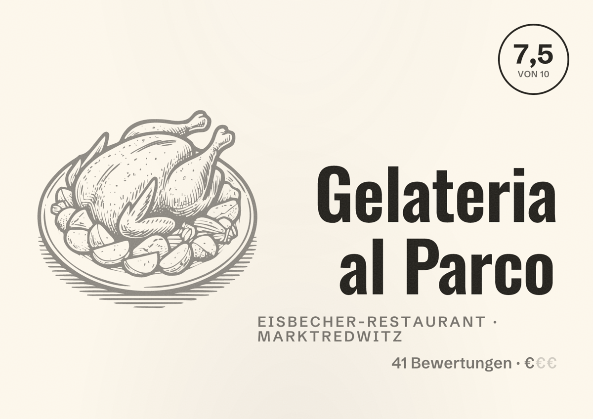 Illustriertes Poster von Gelateria al Parco, Eisbecher-Restaurant in Marktredwitz: Bewertung 7,5 von 10 aus 41 Bewertungen, Preisniveau €