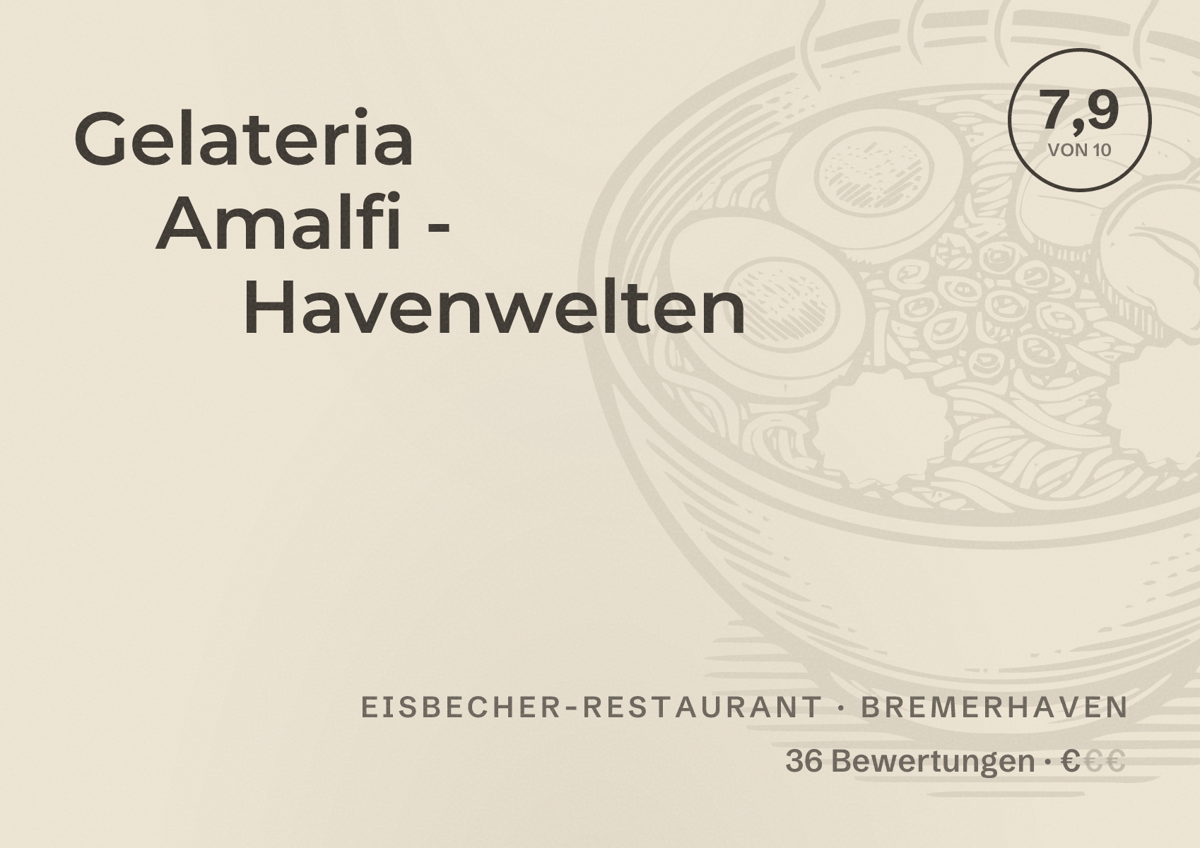 Illustriertes Poster von Gelateria Amalfi - Havenwelten, Eisbecher-Restaurant in Bremerhaven: Bewertung 7,9 von 10 aus 36 Bewertungen, Preisniveau €