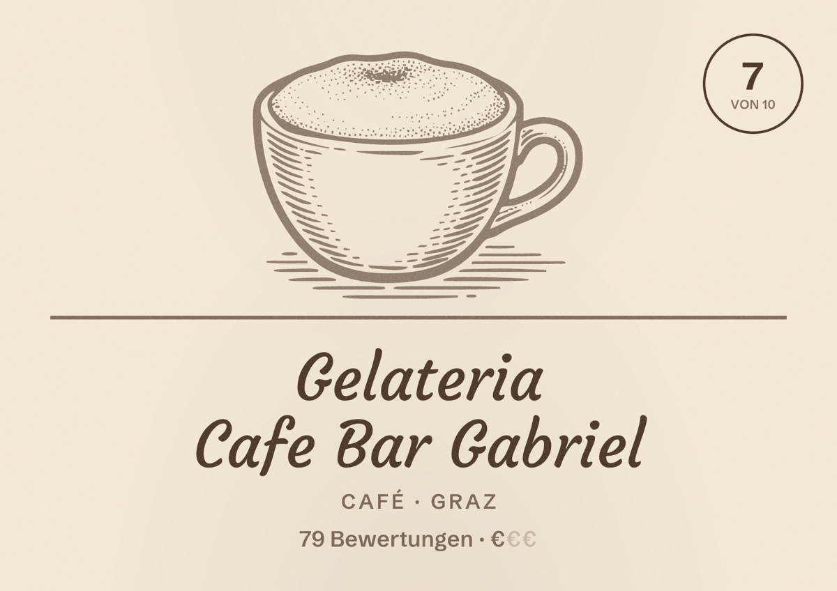 Illustriertes Poster von Gelateria Cafe Bar Gabriel, Café in Graz: Bewertung 7 von 10 aus 79 Bewertungen, Preisniveau €