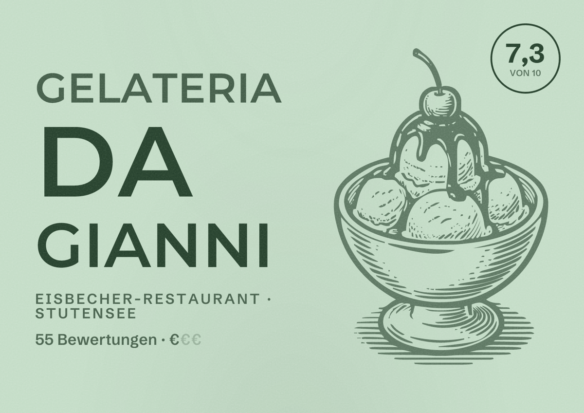 Illustriertes Poster von Gelateria da Gianni, Eisbecher-Restaurant in Stutensee: Bewertung 7,3 von 10 aus 55 Bewertungen, Preisniveau €
