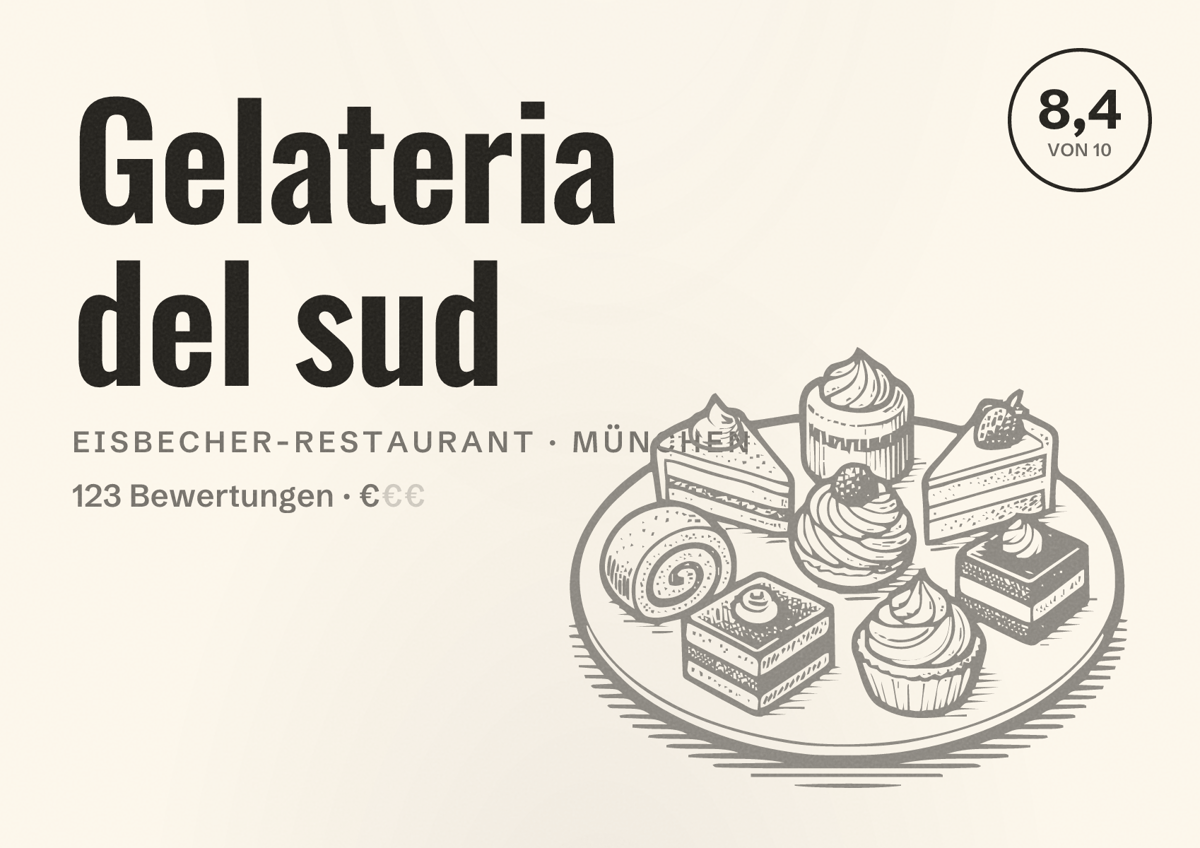 Illustriertes Poster von Gelateria del sud, Eisbecher-Restaurant in München: Bewertung 8,4 von 10 aus 123 Bewertungen, Preisniveau €