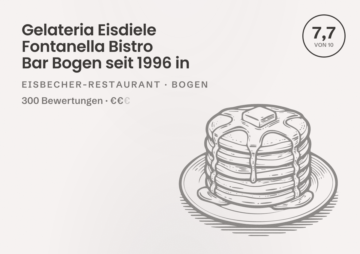 Illustriertes Poster von Gelateria Eisdiele Fontanella Bistro Bar Bogen seit 1996 in, Eisbecher-Restaurant in Bogen: Bewertung 7,7 von 10 aus 300 Bewertungen, Preisniveau €€