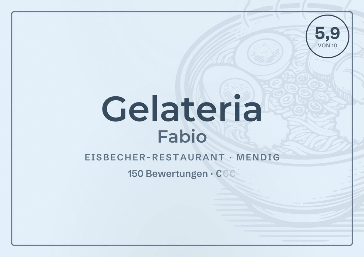 Illustriertes Poster von Gelateria Fabio, Eisbecher-Restaurant in Mendig: Bewertung 5,9 von 10 aus 150 Bewertungen, Preisniveau €