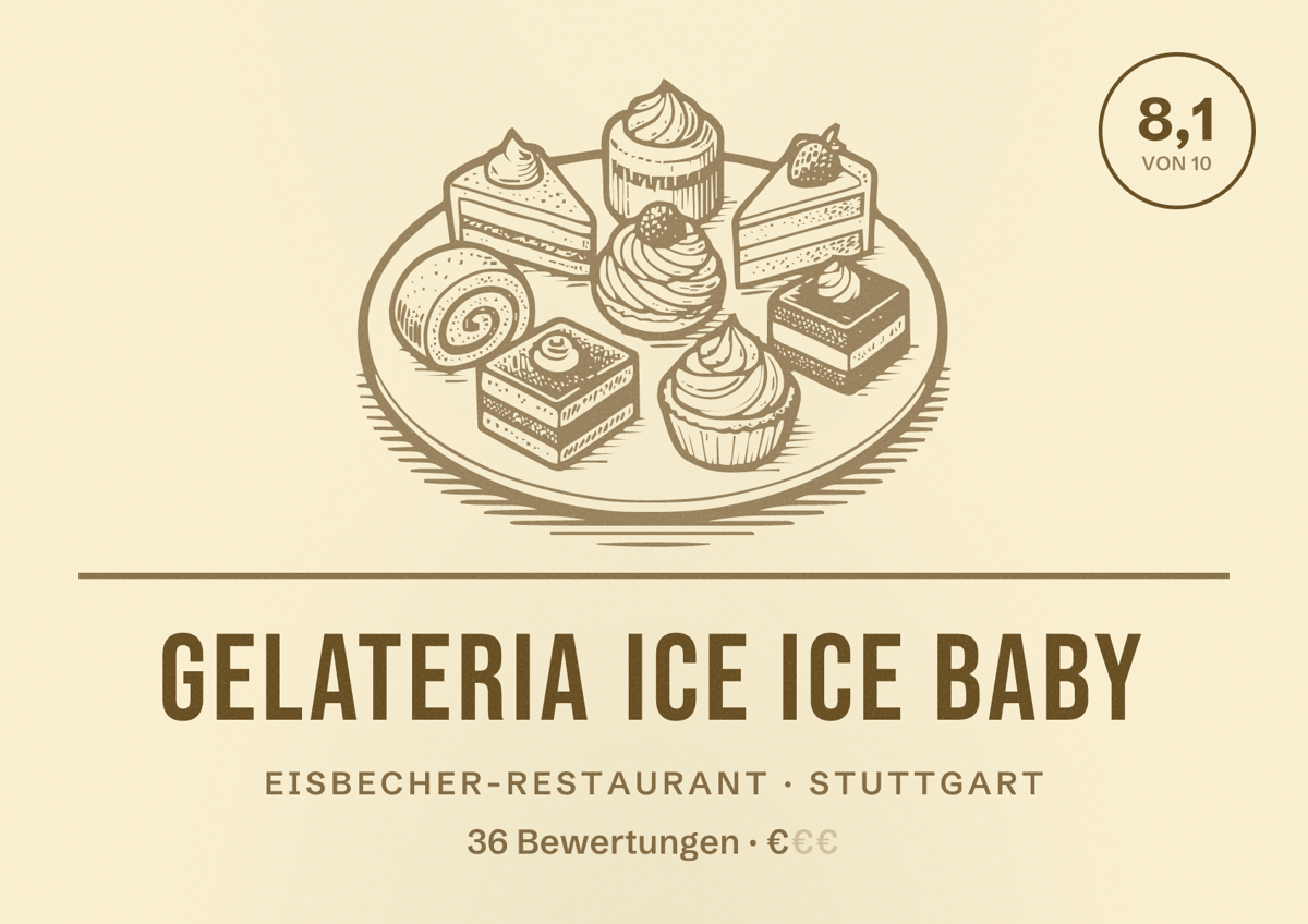 Illustriertes Poster von Gelateria Ice Ice Baby, Eisbecher-Restaurant in Stuttgart: Bewertung 8,1 von 10 aus 36 Bewertungen, Preisniveau €