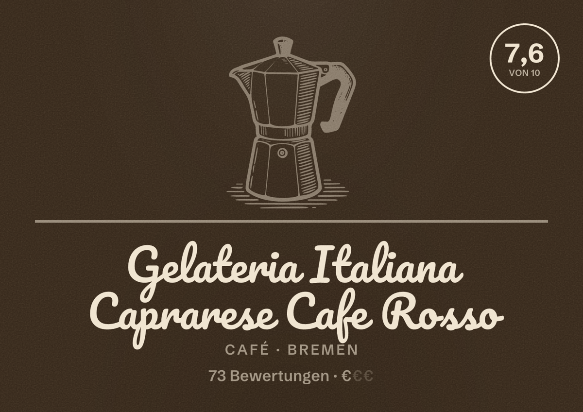 Illustriertes Poster von Gelateria Italiana Caprarese Cafe Rosso, Café in Bremen: Bewertung 7,6 von 10 aus 73 Bewertungen, Preisniveau €