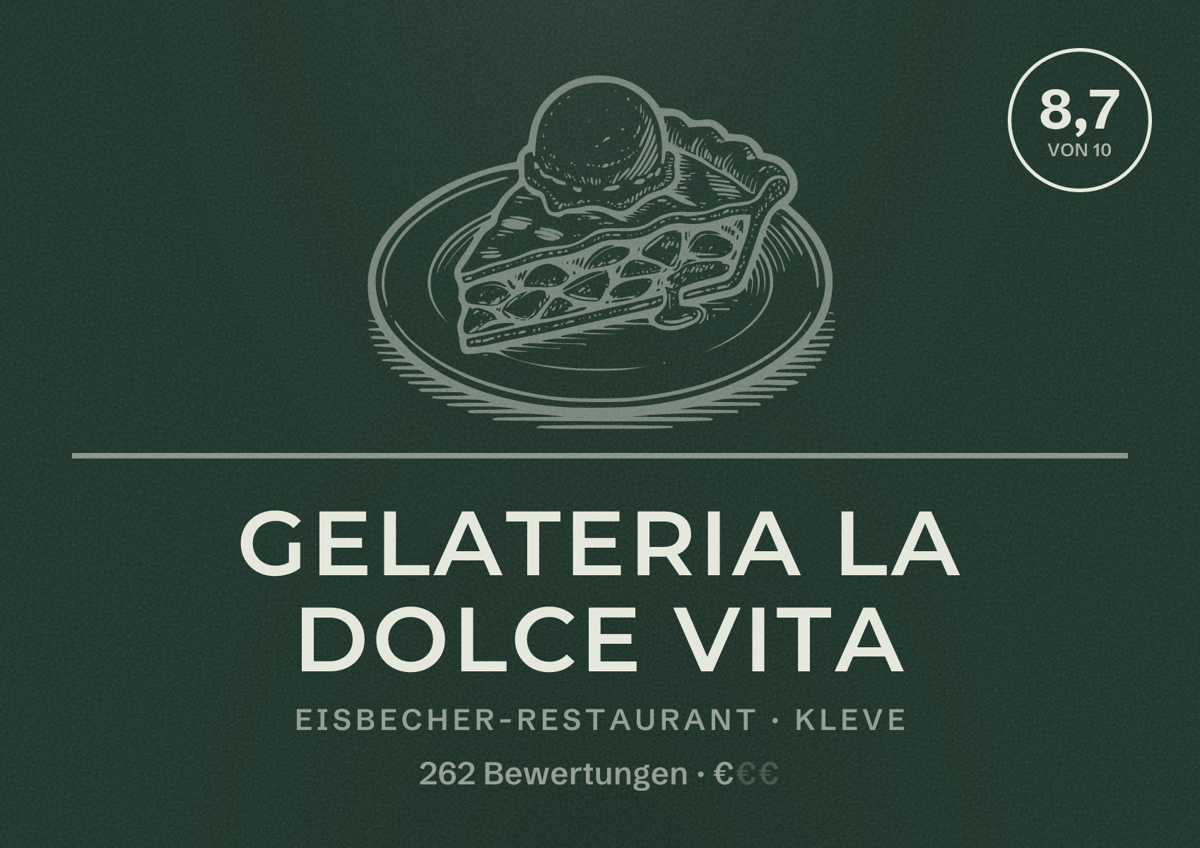 Illustriertes Poster von Gelateria La Dolce Vita, Eisbecher-Restaurant in Kleve: Bewertung 8,7 von 10 aus 262 Bewertungen, Preisniveau €