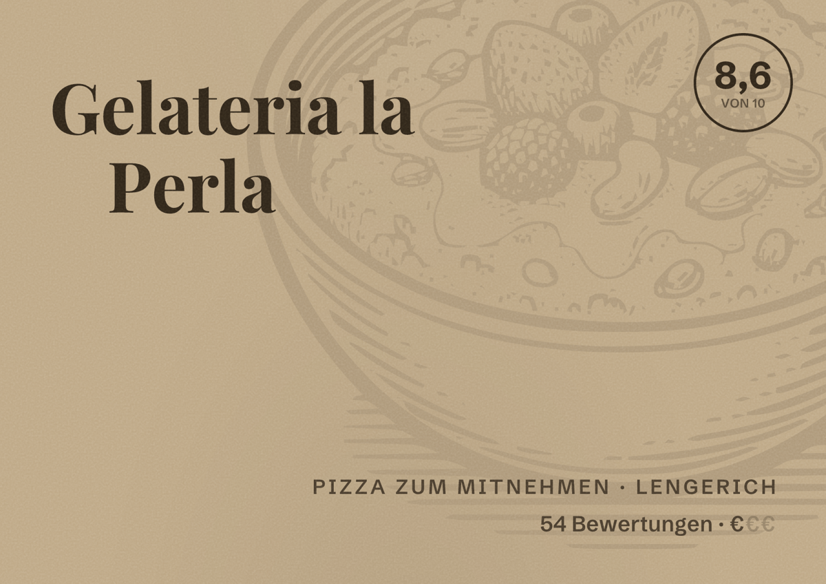 Illustriertes Poster von Gelateria la Perla, Pizza zum Mitnehmen in Lengerich: Bewertung 8,6 von 10 aus 54 Bewertungen, Preisniveau €