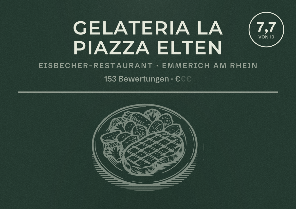 Illustriertes Poster von Gelateria La Piazza Elten, Eisbecher-Restaurant in Emmerich am Rhein: Bewertung 7,7 von 10 aus 153 Bewertungen, Preisniveau €