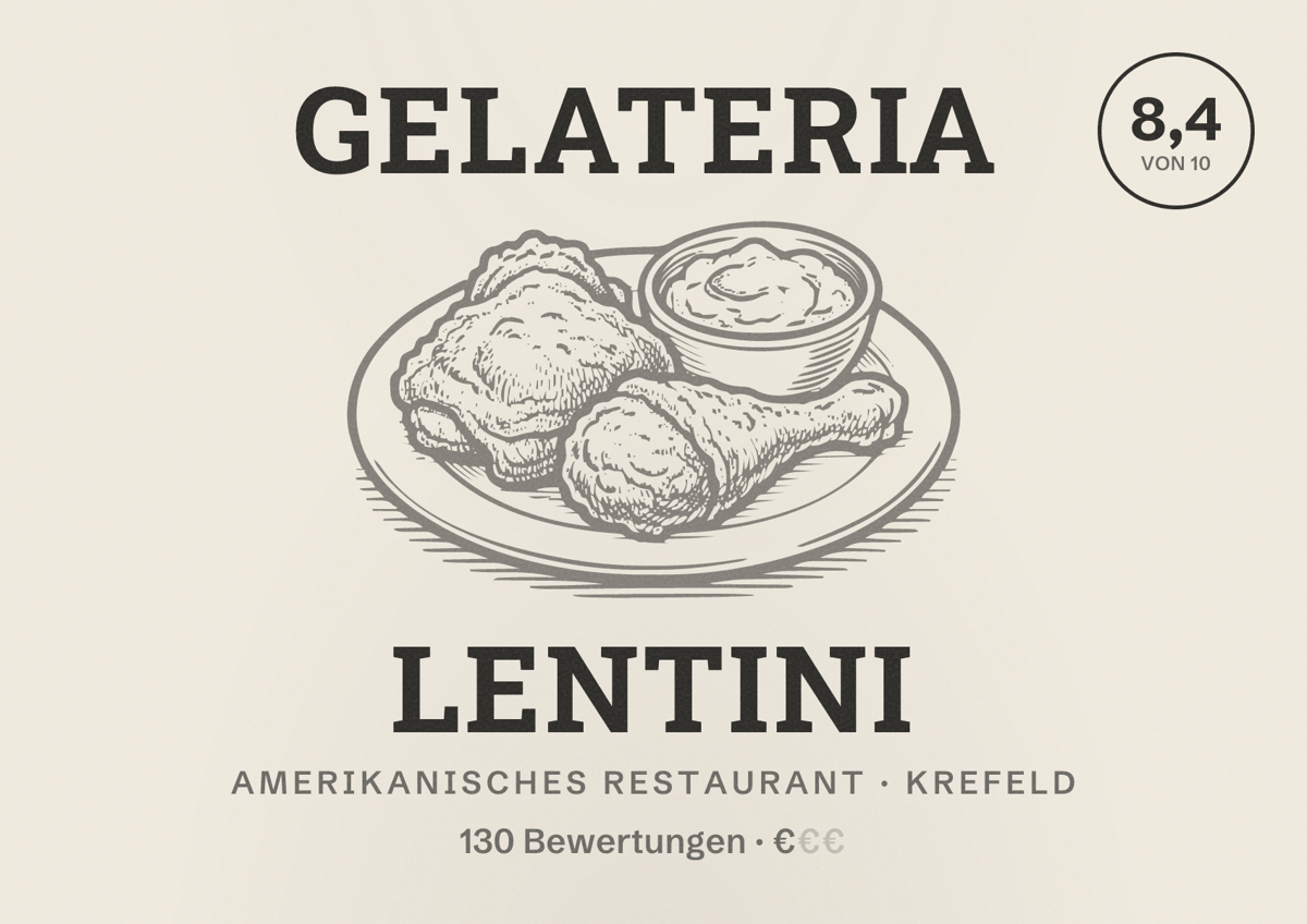 Illustriertes Poster von Gelateria Lentini, Amerikanisches Restaurant in Krefeld: Bewertung 8,4 von 10 aus 130 Bewertungen, Preisniveau €