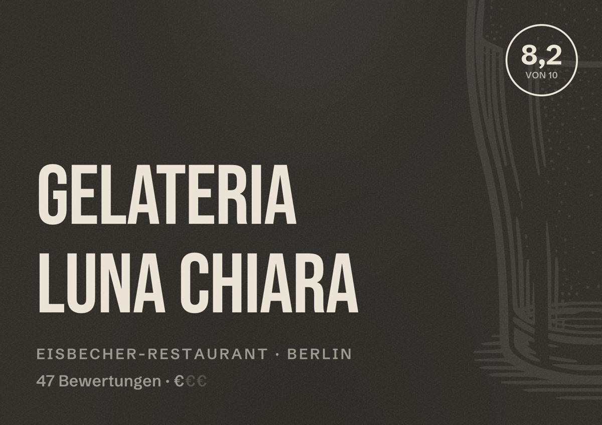Illustriertes Poster von Gelateria Luna Chiara, Eisbecher-Restaurant in Berlin: Bewertung 8,2 von 10 aus 47 Bewertungen, Preisniveau €