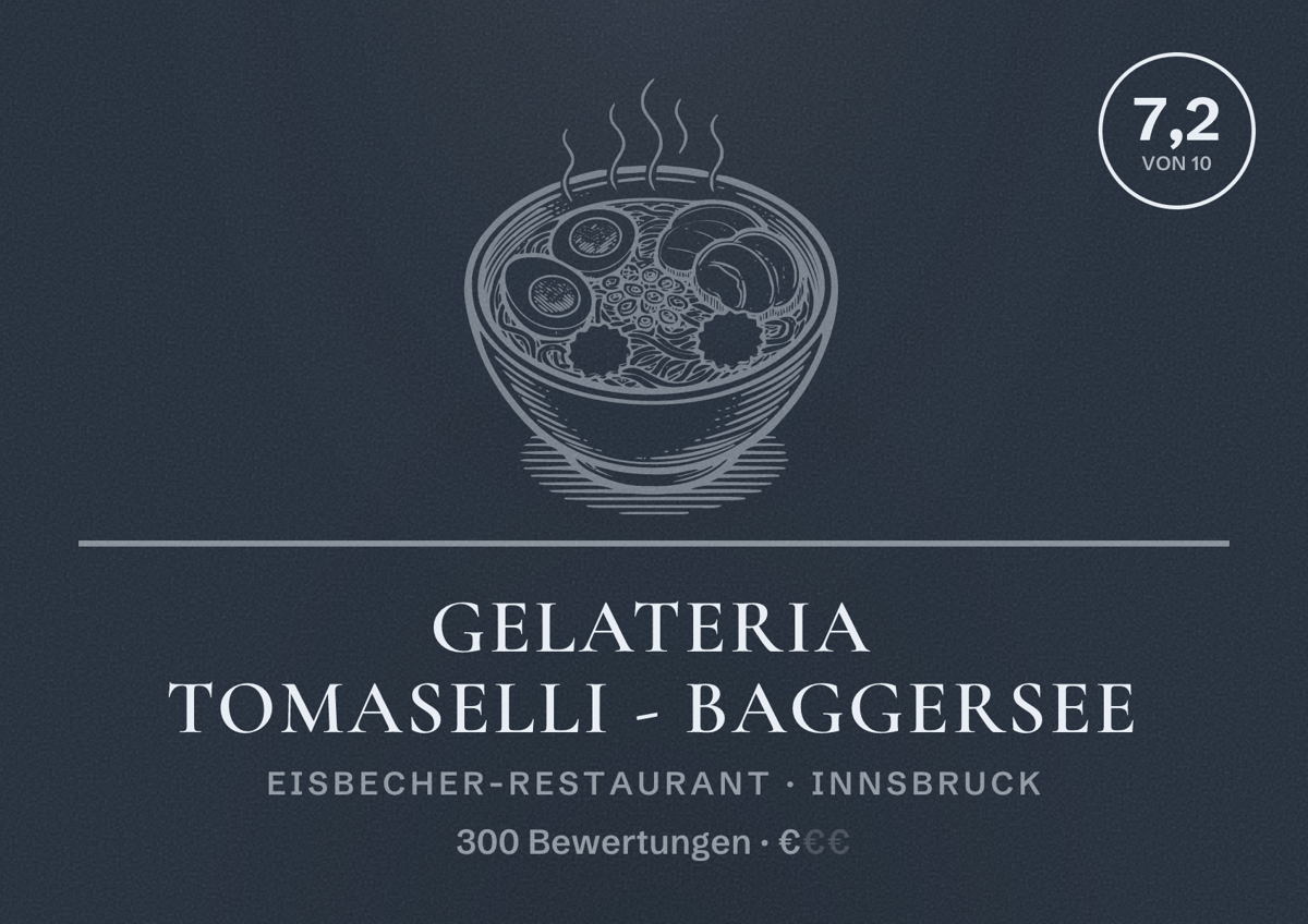 Illustriertes Poster von Gelateria Tomaselli - Baggersee, Eisbecher-Restaurant in Innsbruck: Bewertung 7,2 von 10 aus 300 Bewertungen, Preisniveau €