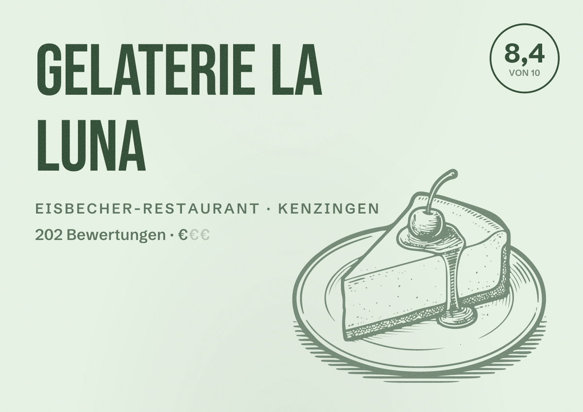 Illustriertes Poster von Gelaterie La Luna, Eisbecher-Restaurant in Kenzingen: Bewertung 8,4 von 10 aus 202 Bewertungen, Preisniveau €
