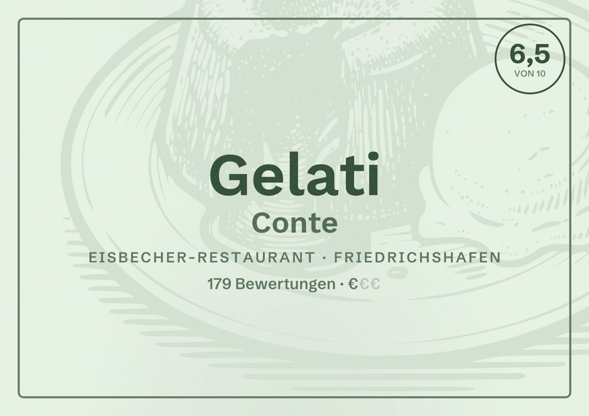 Illustriertes Poster von Gelati Conte, Eisbecher-Restaurant in Friedrichshafen: Bewertung 6,5 von 10 aus 179 Bewertungen, Preisniveau €