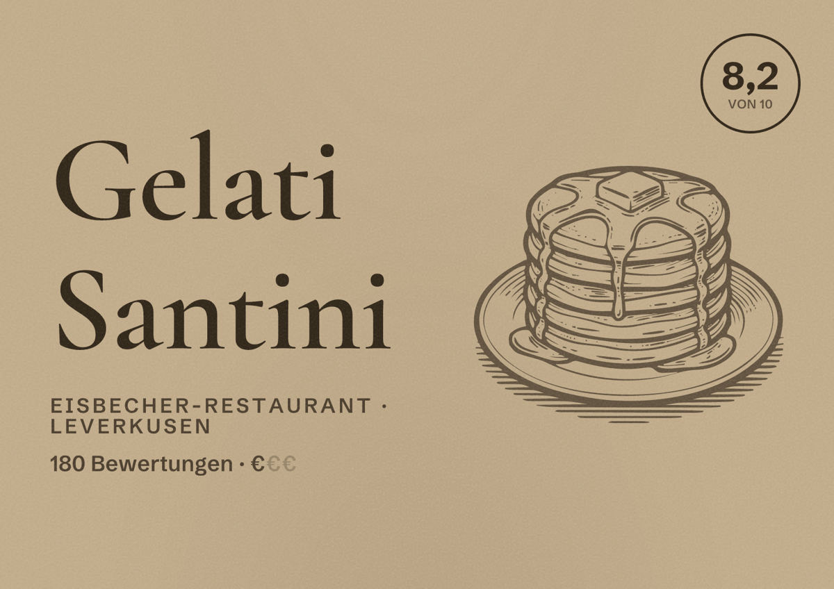 Illustriertes Poster von Gelati Santini, Eisbecher-Restaurant in Leverkusen: Bewertung 8,2 von 10 aus 180 Bewertungen, Preisniveau €