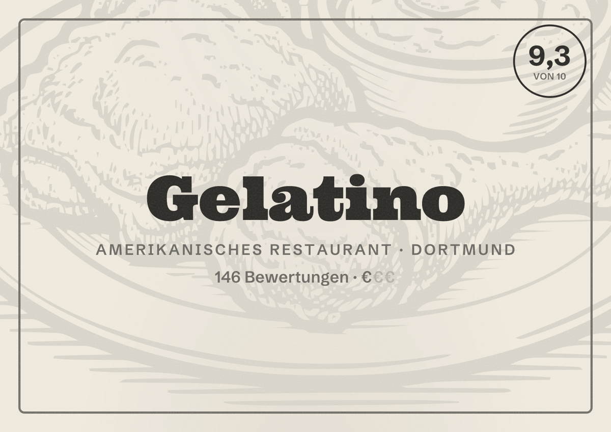 Illustriertes Poster von Gelatino, Amerikanisches Restaurant in Dortmund: Gästebewertung 9,3 von 10 aus 146 Bewertungen