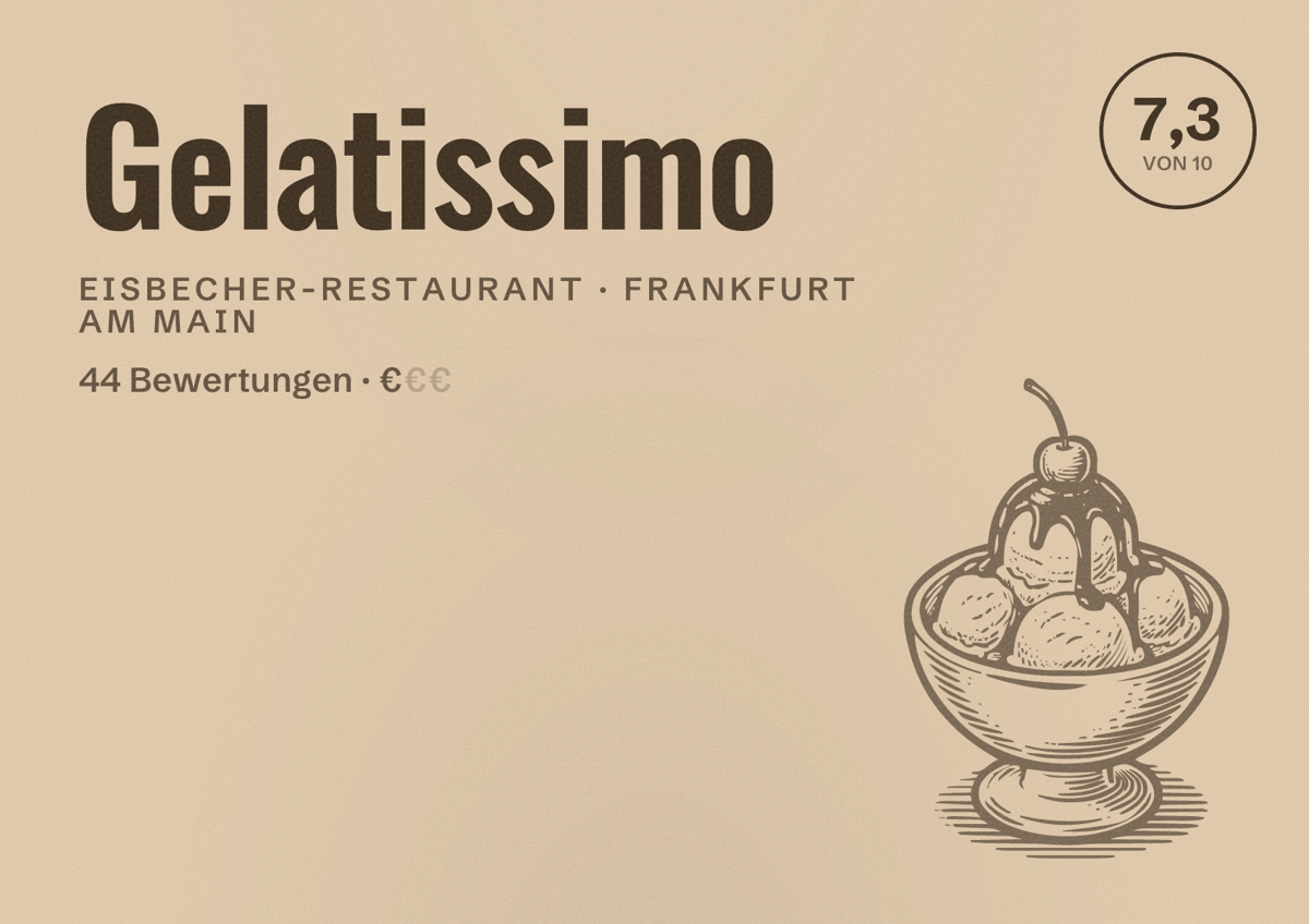 Illustriertes Poster von Gelatissimo, Eisbecher-Restaurant in Frankfurt am Main: Bewertung 7,3 von 10 aus 44 Bewertungen, Preisniveau €