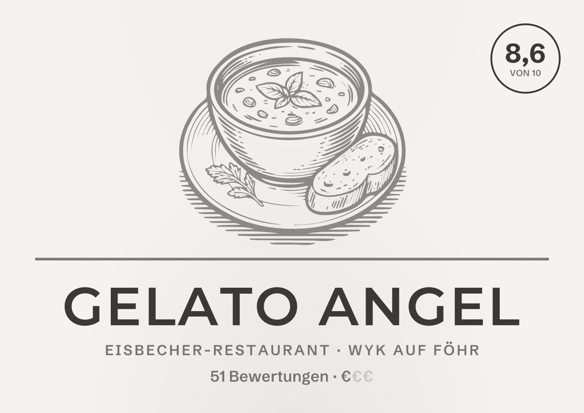 Illustriertes Poster von Gelato Angel, Eisbecher-Restaurant in Wyk auf Föhr: Bewertung 8,6 von 10 aus 51 Bewertungen, Preisniveau €