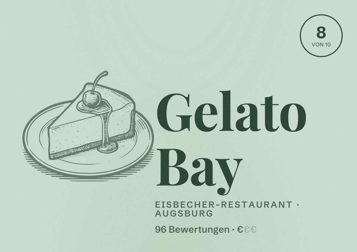 Illustriertes Poster von Gelato Bay, Eisbecher-Restaurant in Augsburg: Bewertung 8 von 10 aus 96 Bewertungen, Preisniveau €