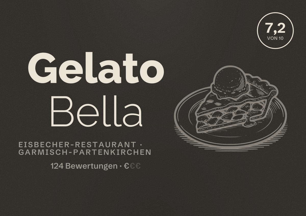 Illustriertes Poster von Gelato Bella, Eisbecher-Restaurant in Garmisch-Partenkirchen: Bewertung 7,2 von 10 aus 124 Bewertungen, Preisniveau €