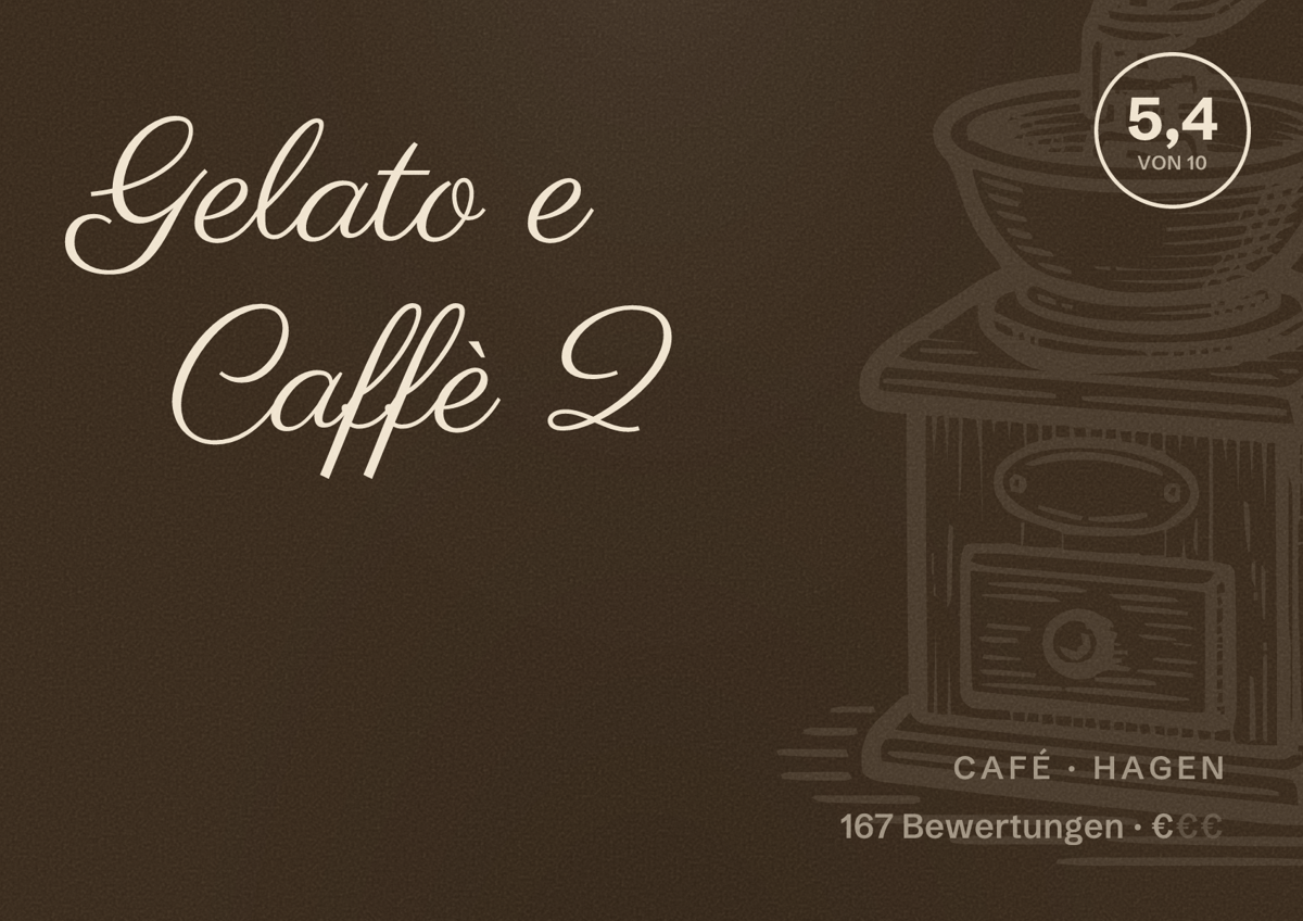 Illustriertes Poster von Gelato e Caffè 2, Café in Hagen: Bewertung 5,4 von 10 aus 167 Bewertungen, Preisniveau €