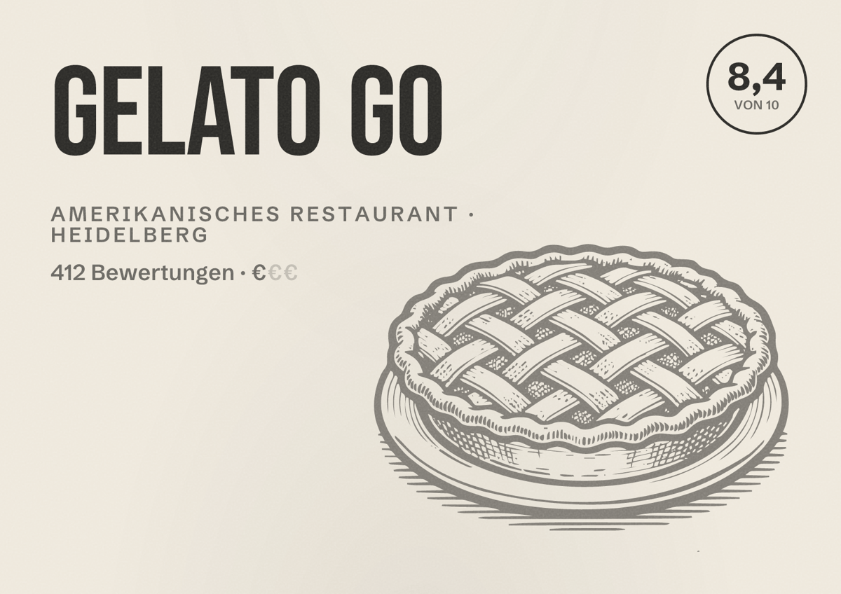 Illustriertes Poster von Gelato Go, Amerikanisches Restaurant in Heidelberg: Bewertung 8,4 von 10 aus 412 Bewertungen, Preisniveau €