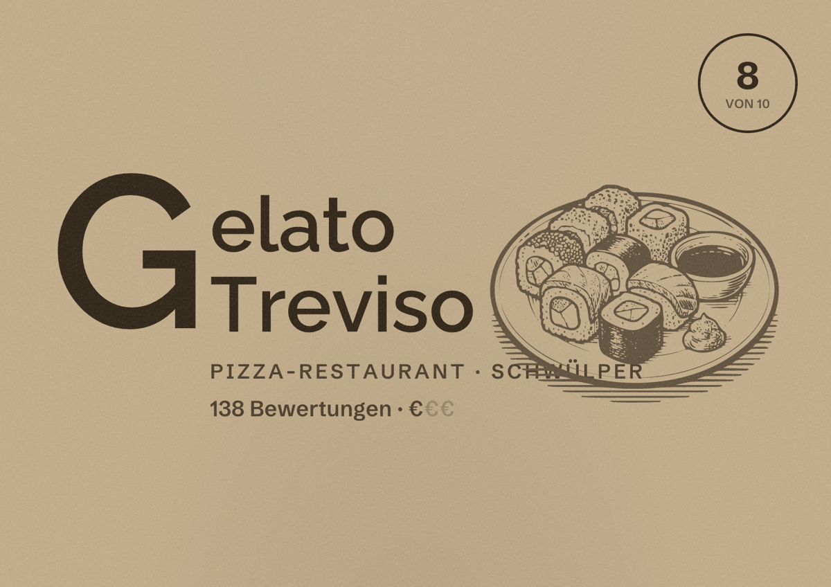 Illustriertes Poster von Gelato Treviso, Pizza-Restaurant in Schwülper: Bewertung 8 von 10 aus 138 Bewertungen, Preisniveau €