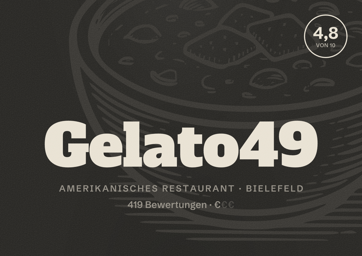 Illustriertes Poster von Gelato49, Amerikanisches Restaurant in Bielefeld: Bewertung 4,8 von 10 aus 419 Bewertungen, Preisniveau €