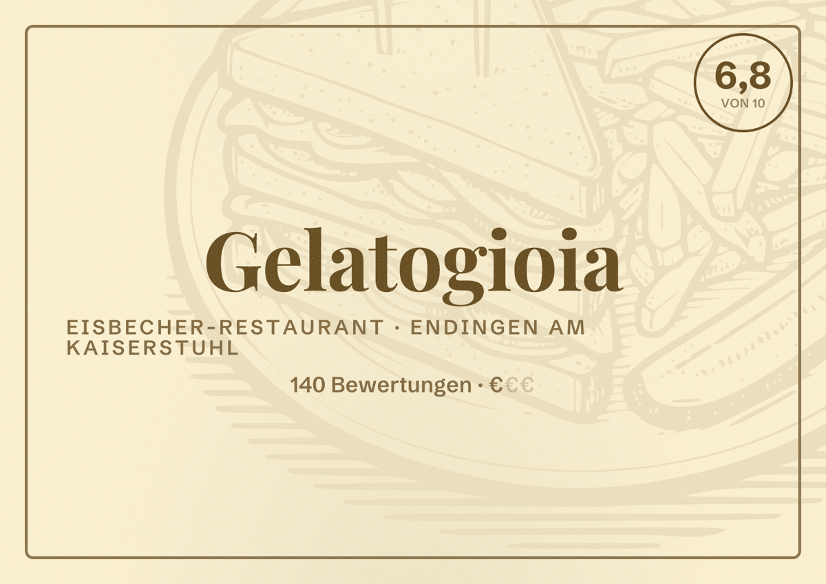 Illustriertes Poster von Gelatogioia, Eisbecher-Restaurant in Endingen am Kaiserstuhl: Bewertung 6,8 von 10 aus 140 Bewertungen, Preisniveau €