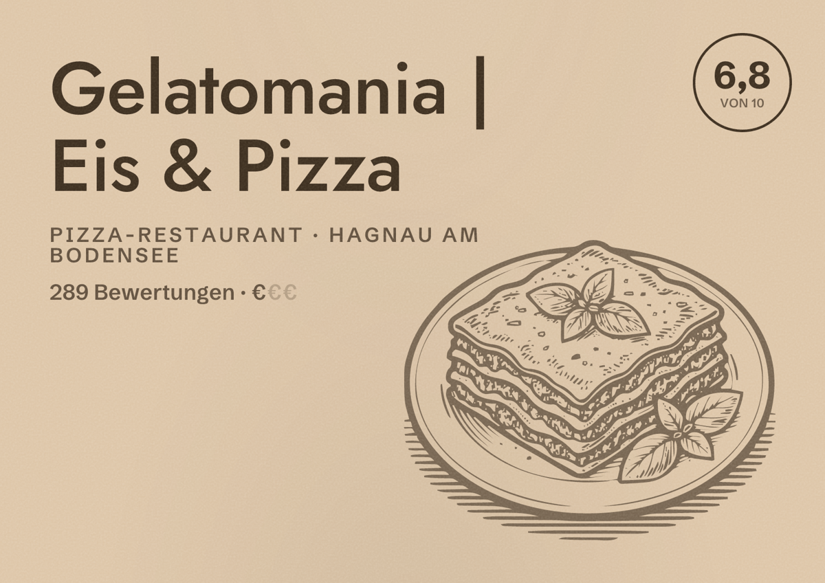Illustriertes Poster von Gelatomania | Eis & Pizza, Pizza-Restaurant in Hagnau am Bodensee: Bewertung 6,8 von 10 aus 289 Bewertungen, Preisniveau €