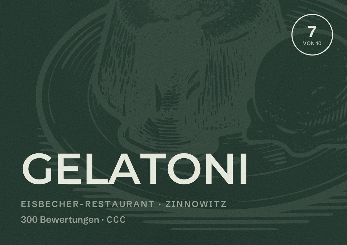 Illustriertes Poster von GELATONI, Eisbecher-Restaurant in Zinnowitz: Bewertung 7 von 10 aus 300 Bewertungen, Preisniveau €€€