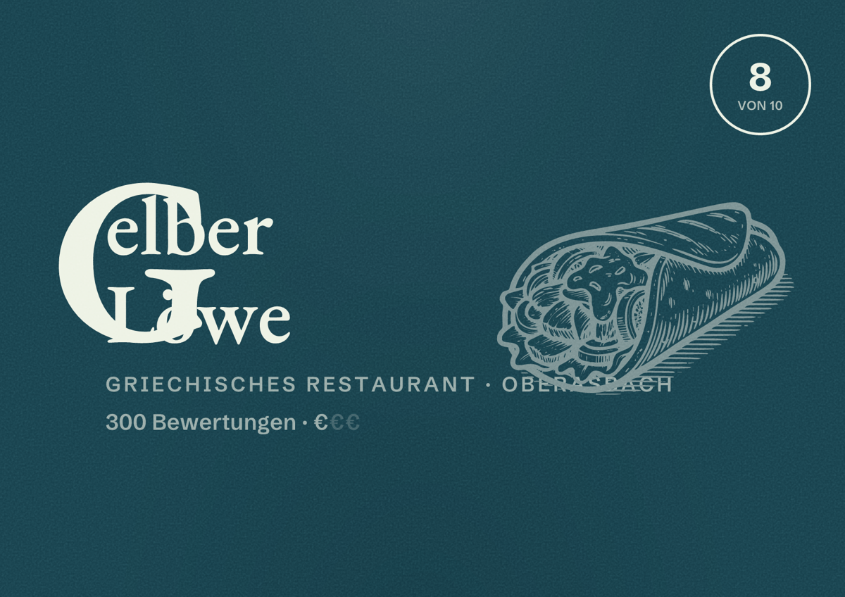Illustriertes Poster von Gelber Löwe, Griechisches Restaurant in Oberasbach: Bewertung 8 von 10 aus 300 Bewertungen, Preisniveau €