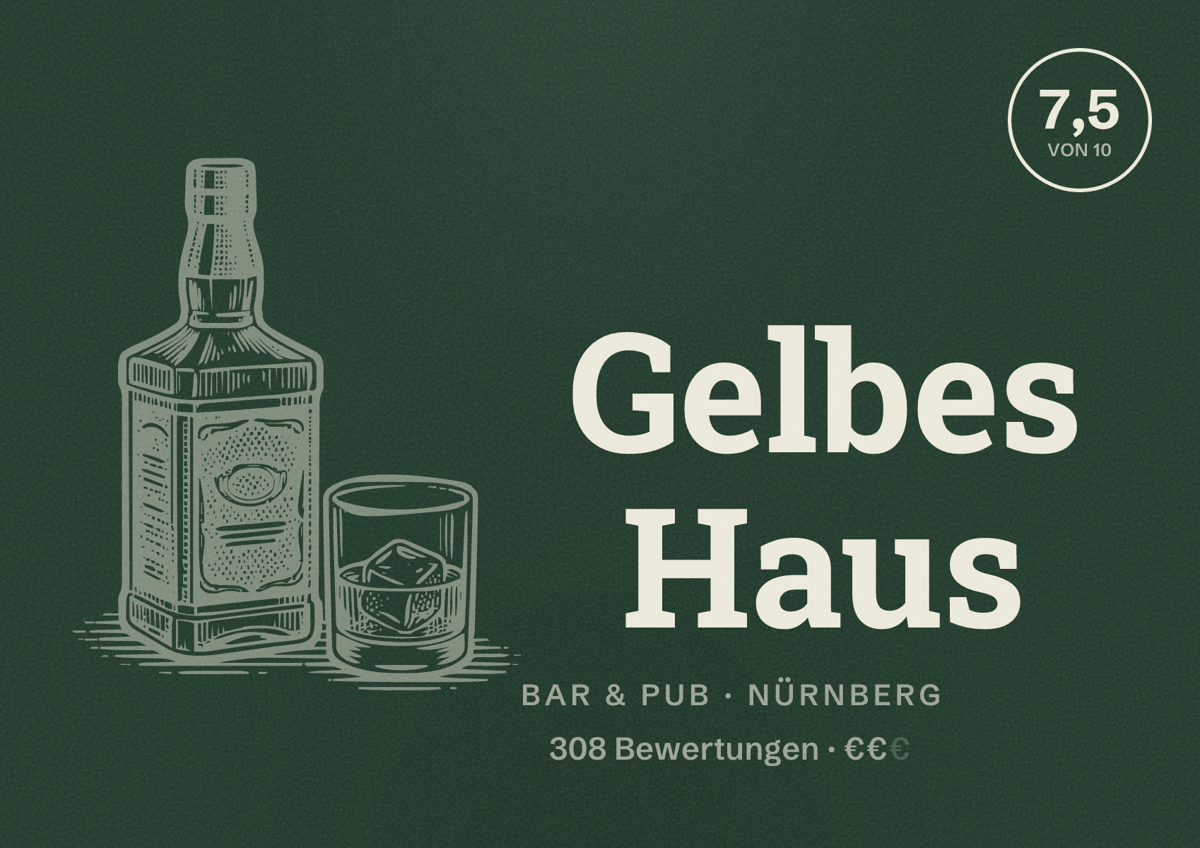 Illustriertes Poster von Gelbes Haus, Bar & Pub in Nürnberg: Bewertung 7,5 von 10 aus 308 Bewertungen, Preisniveau €€