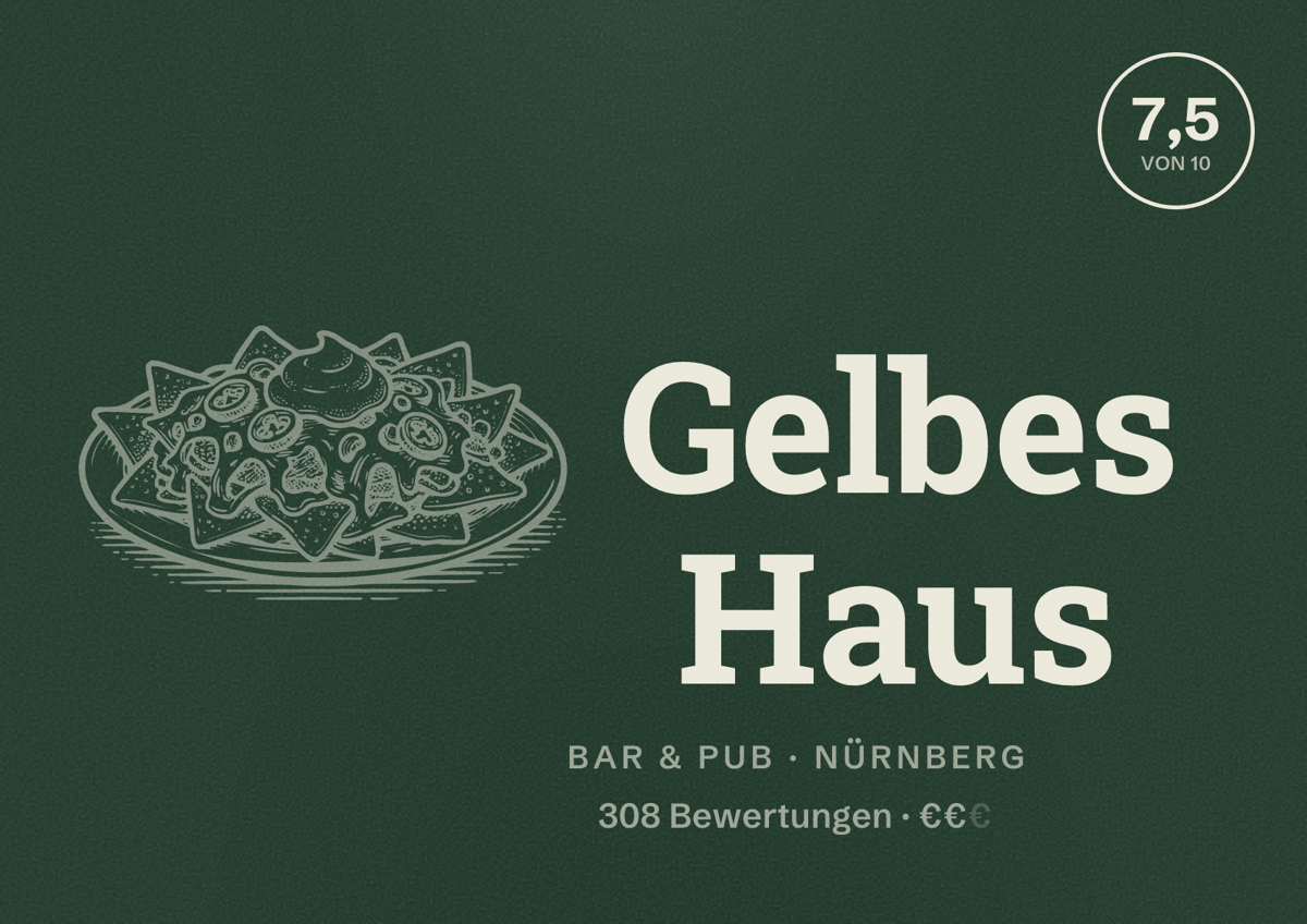 Illustriertes Poster von Gelbes Haus, Bar & Pub in Nürnberg: Bewertung 7,5 von 10 aus 308 Bewertungen, Preisniveau €€