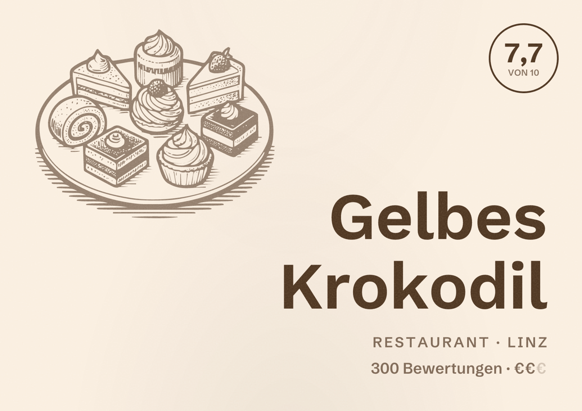 Illustriertes Poster von Gelbes Krokodil, Restaurant in Linz: Bewertung 7,7 von 10 aus 300 Bewertungen, Preisniveau €€