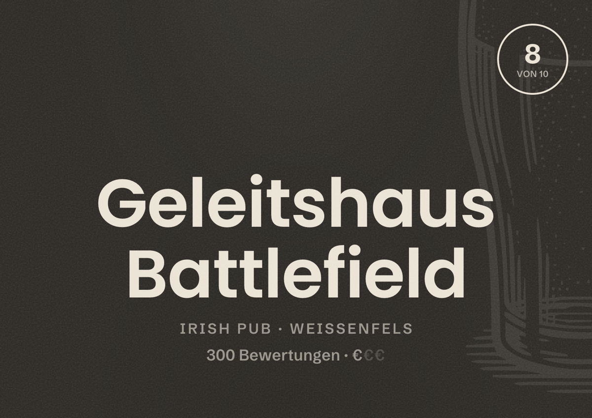 Illustriertes Poster von Geleitshaus Battlefield, Irish Pub in Weißenfels: Bewertung 8 von 10 aus 300 Bewertungen, Preisniveau €