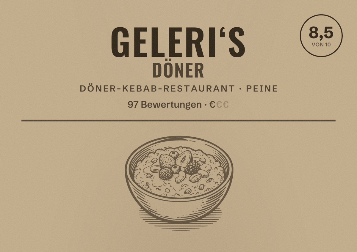 Illustriertes Poster von Geleri‘s Döner, Döner-Kebab-Restaurant in Peine: Bewertung 8,5 von 10 aus 97 Bewertungen, Preisniveau €