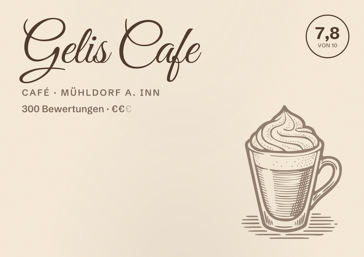 Illustriertes Poster von Gelis Cafe, Café in Mühldorf a. Inn: Bewertung 7,8 von 10 aus 300 Bewertungen, Preisniveau €€