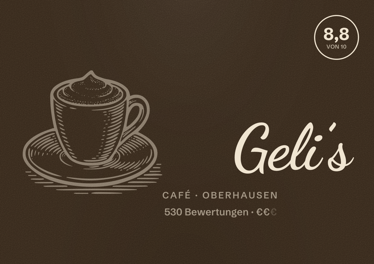 Illustriertes Poster von Geli’s, Café in Oberhausen: Bewertung 8,8 von 10 aus 530 Bewertungen, Preisniveau €€